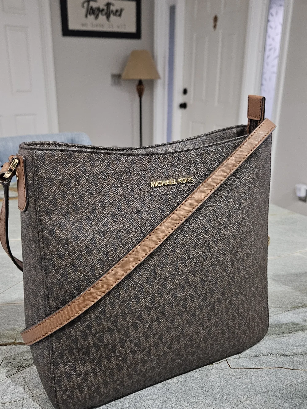 Michael Kors Jet Set Large Brown MK Signature Shoulder Crossbody Bag
